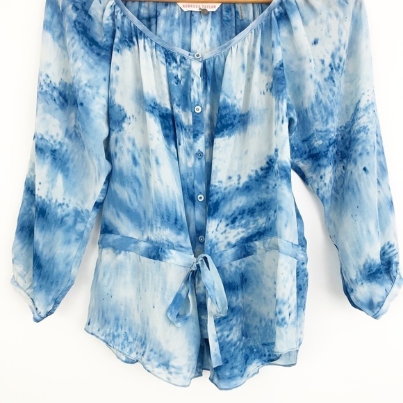 Rebecca Taylor Blue 100% Silk Tie Dye Casual Blouse Size 2 - Picture 3 of 8